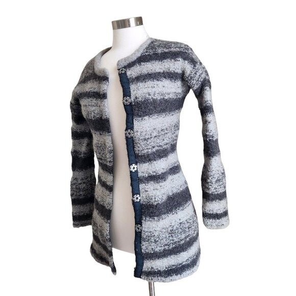 Sundance Chunky Sweater S fleece Gray Stripe Wool Alpaca Sweater Coat Snap - Picture 1 of 16